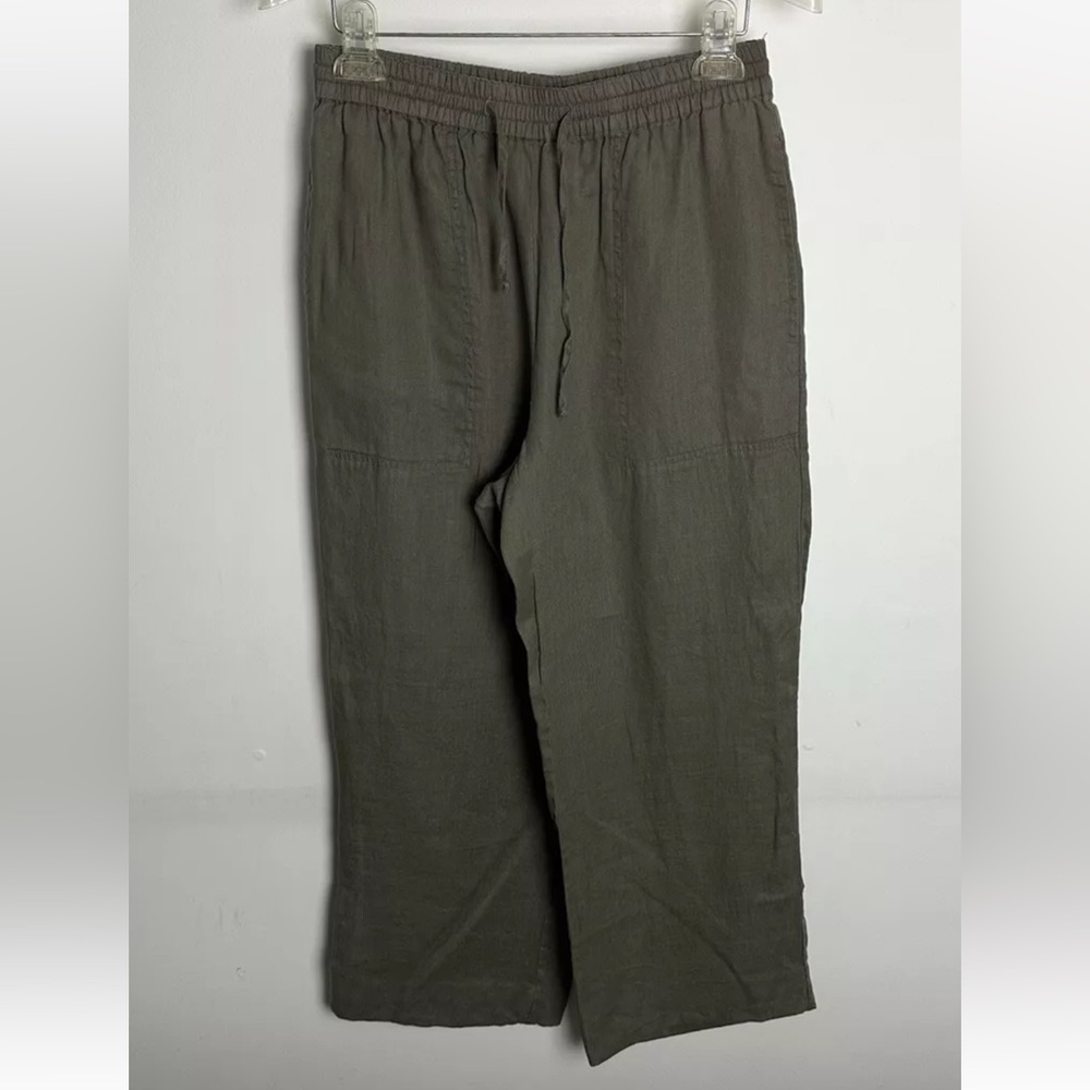 Magaschoni 100% Linen Wide Leg Pants Womens M Green Drawstring Elastic Waist